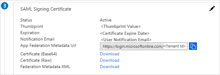 Azure download SAML signing certificate.