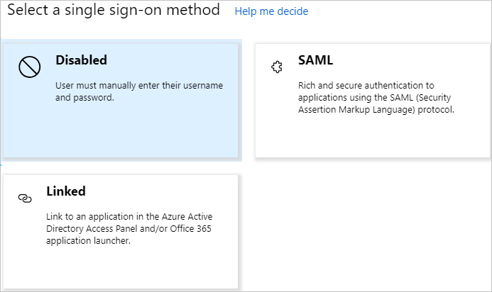 Azure portal select a single sign-on method dialog.