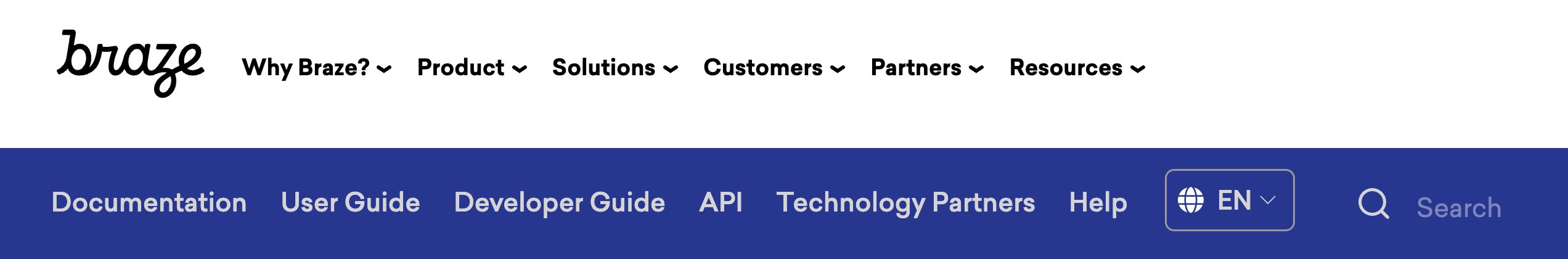 The primary sections as shown on the site header on Braze Docs.