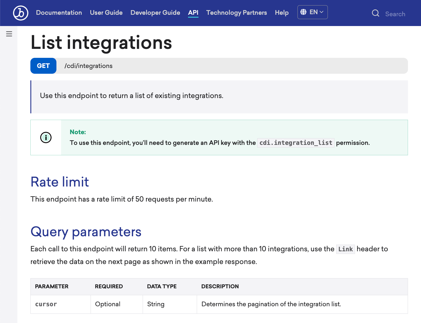 API glossary layout example on Braze Docs.