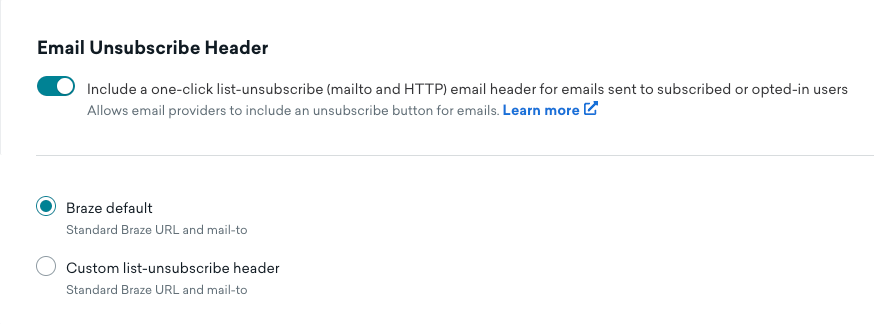 Option to automatically include a list-unsubscribe header for emails sent to subscribed or opted-in users.