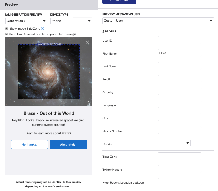 アプリ内メッセージを作成するときのテストタブ。「ユーザーとしてメッセージをプレビュー」は「カスタム ユーザー」に設定されており、使用可能なプロファイル フィールドが構成可能なオプションとして表示されます。