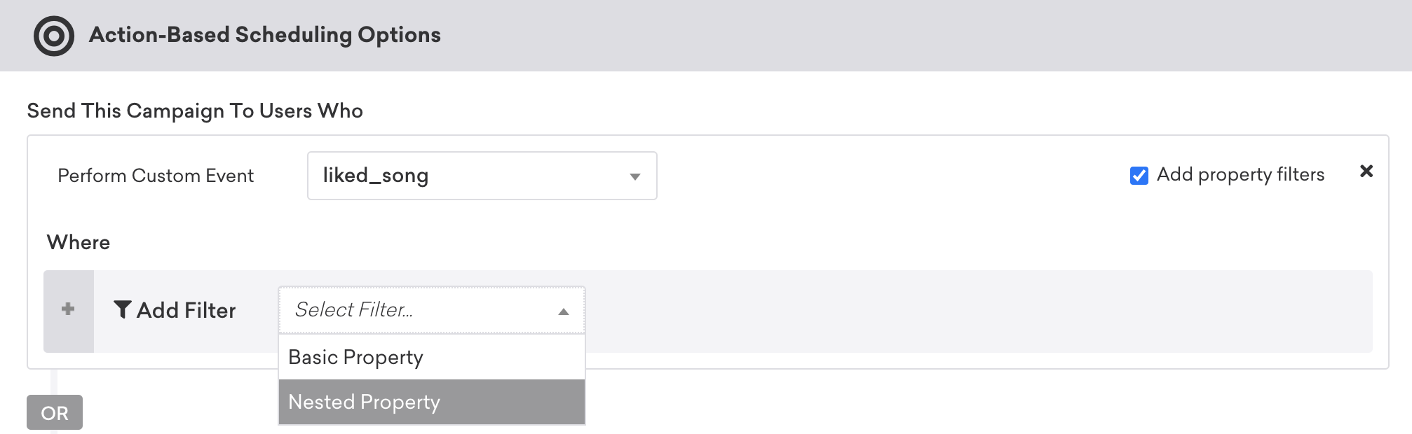 A user choosing a nested property for property filters on a custom event.