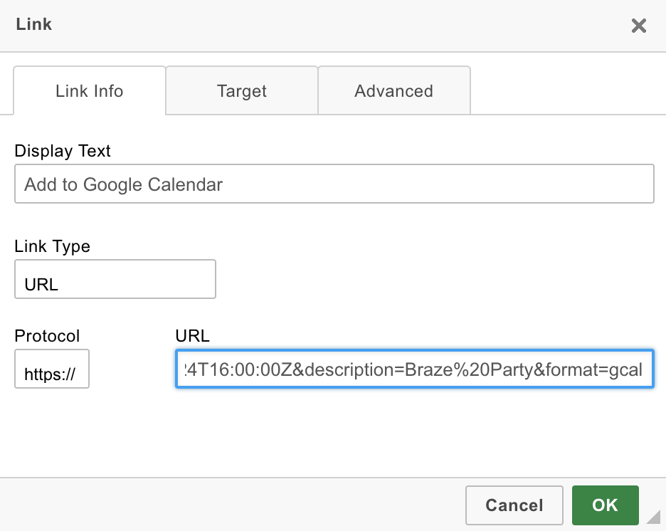 ダッシュボードにリンクを追加するときのリンクダイアログ。[リンク情報] タブが選択され、テキストが [Google カレンダーに追加] に設定されます。