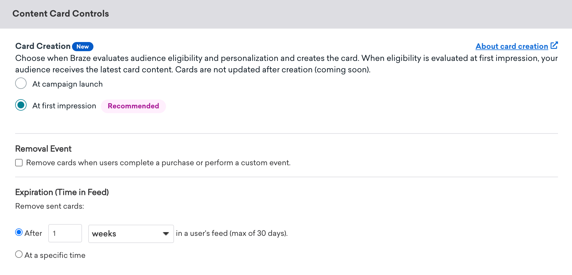 Content Card Controls section when editing the delivery of a scheduled Content Card.