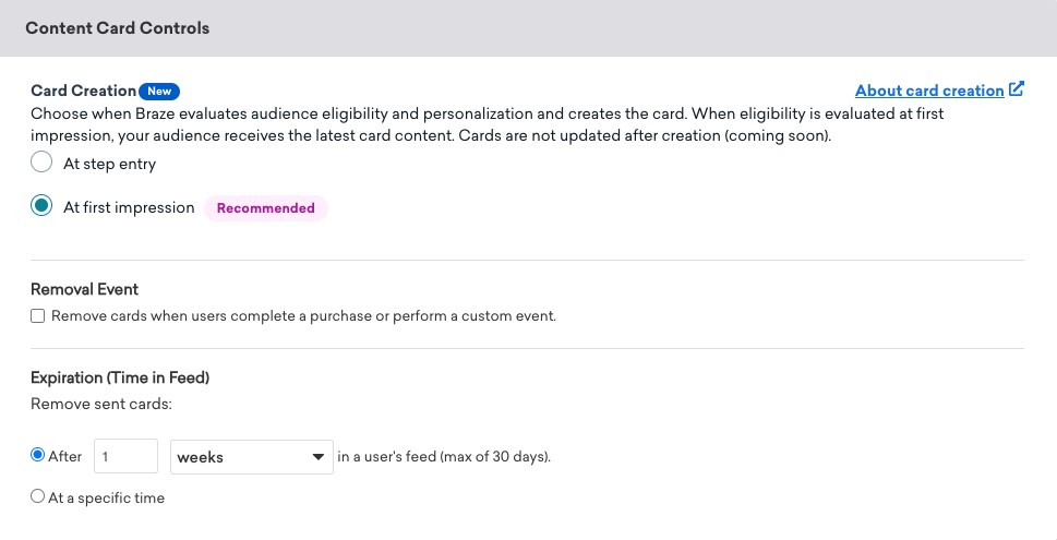 Content Card Controls section when editing the delivery of a scheduled Content Card.