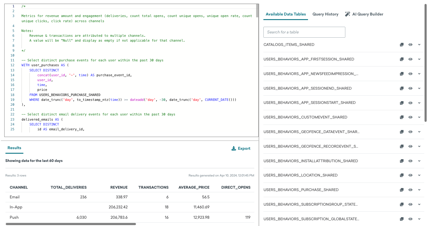 Query Builder showing the results for the templated query "Channel engagement and revenue for the last 60 days".