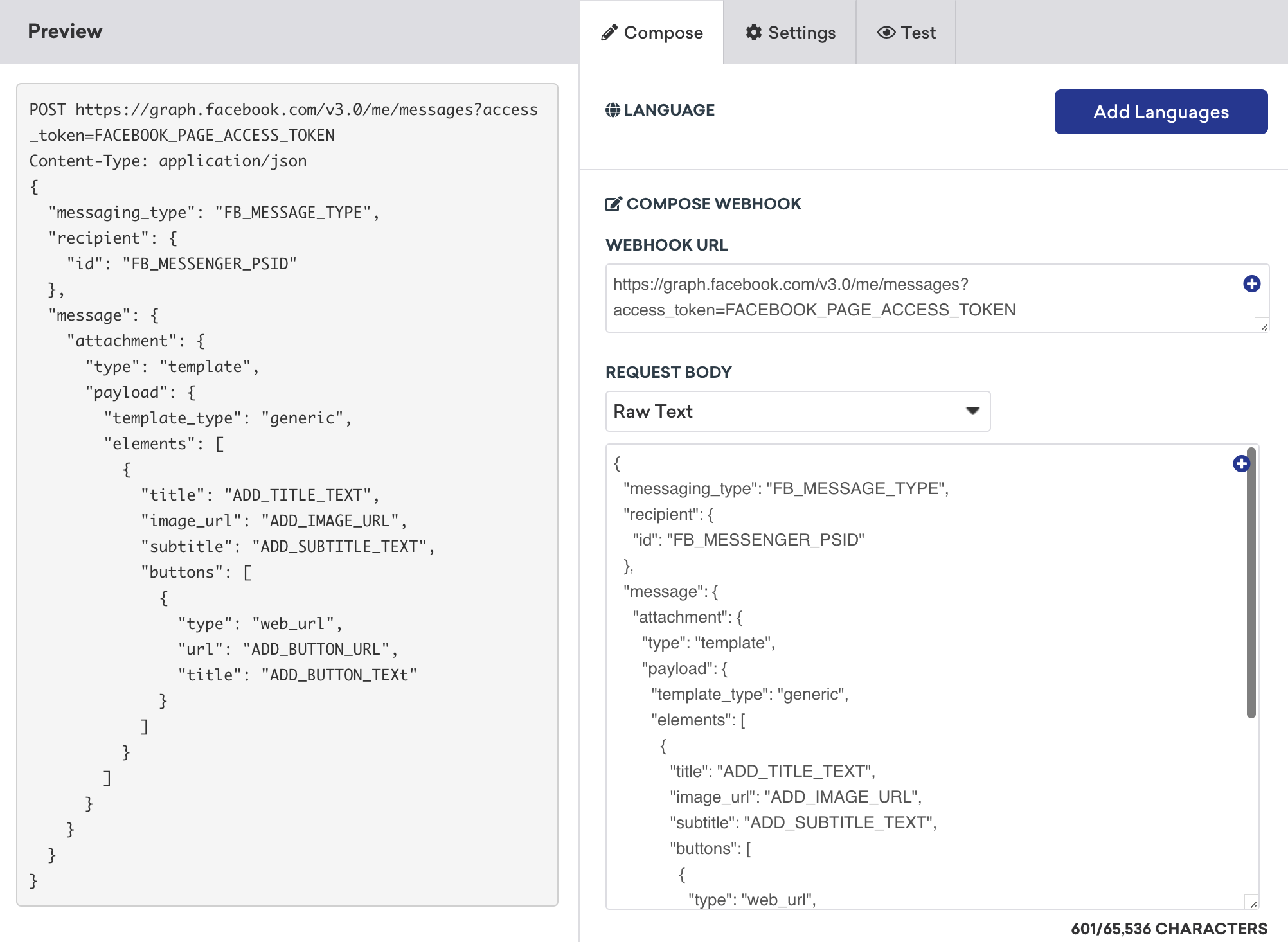 Compose tab when creating a webhook in Braze